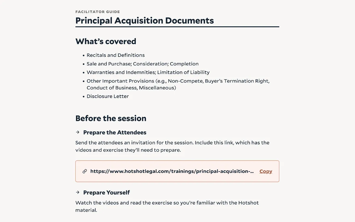 Screenshot of a facilitator guide in the Hotshot app